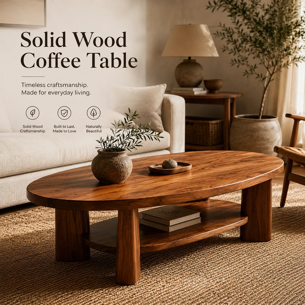 Oval Solid Wood Coffee Table with Storage Shelf | Modern Living Room Center Table TT006-2154