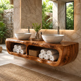 Floating Double Bathroom Vanity with Open Storage Compartments | Sculptural Organic Modern Design