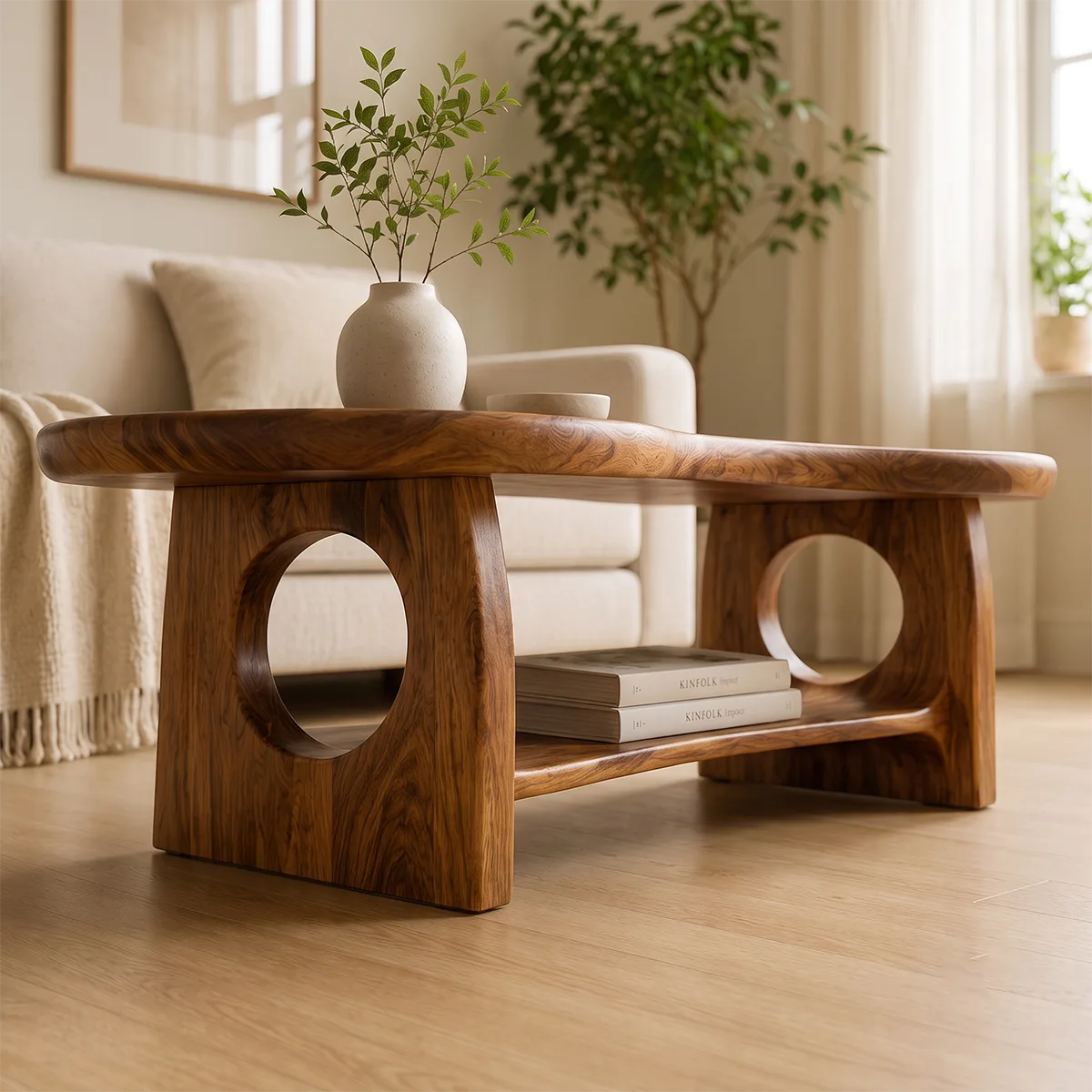 Organic Oval Solid Wood Coffee Table with Storage Shelf | Modern Living Room Center Table TT006-4511