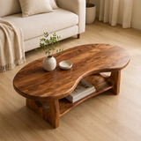 Organic Oval Solid Wood Coffee Table with Storage Shelf | Modern Living Room Center Table TT006-4511