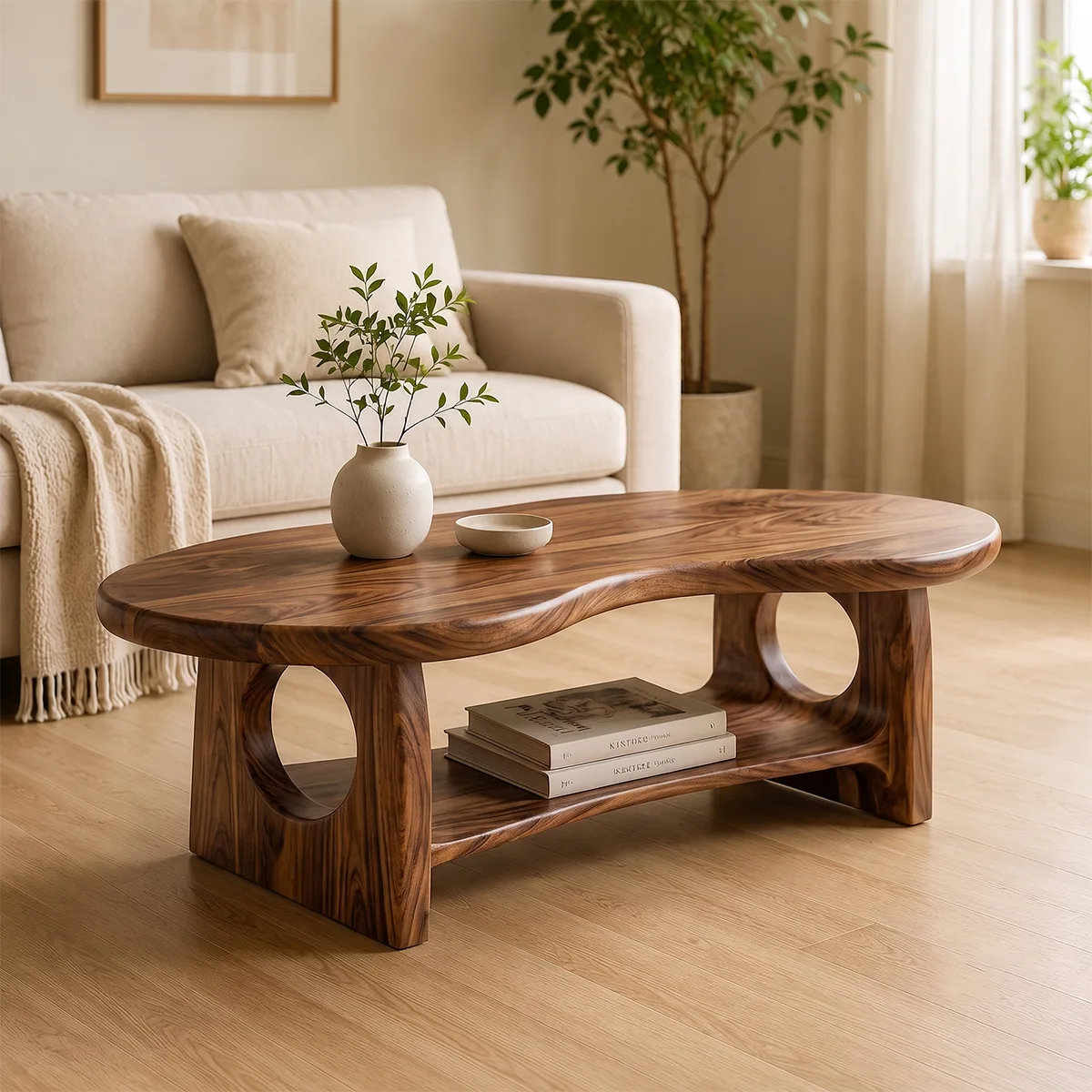 Organic Oval Solid Wood Coffee Table with Storage Shelf | Modern Living Room Center Table TT006-4511