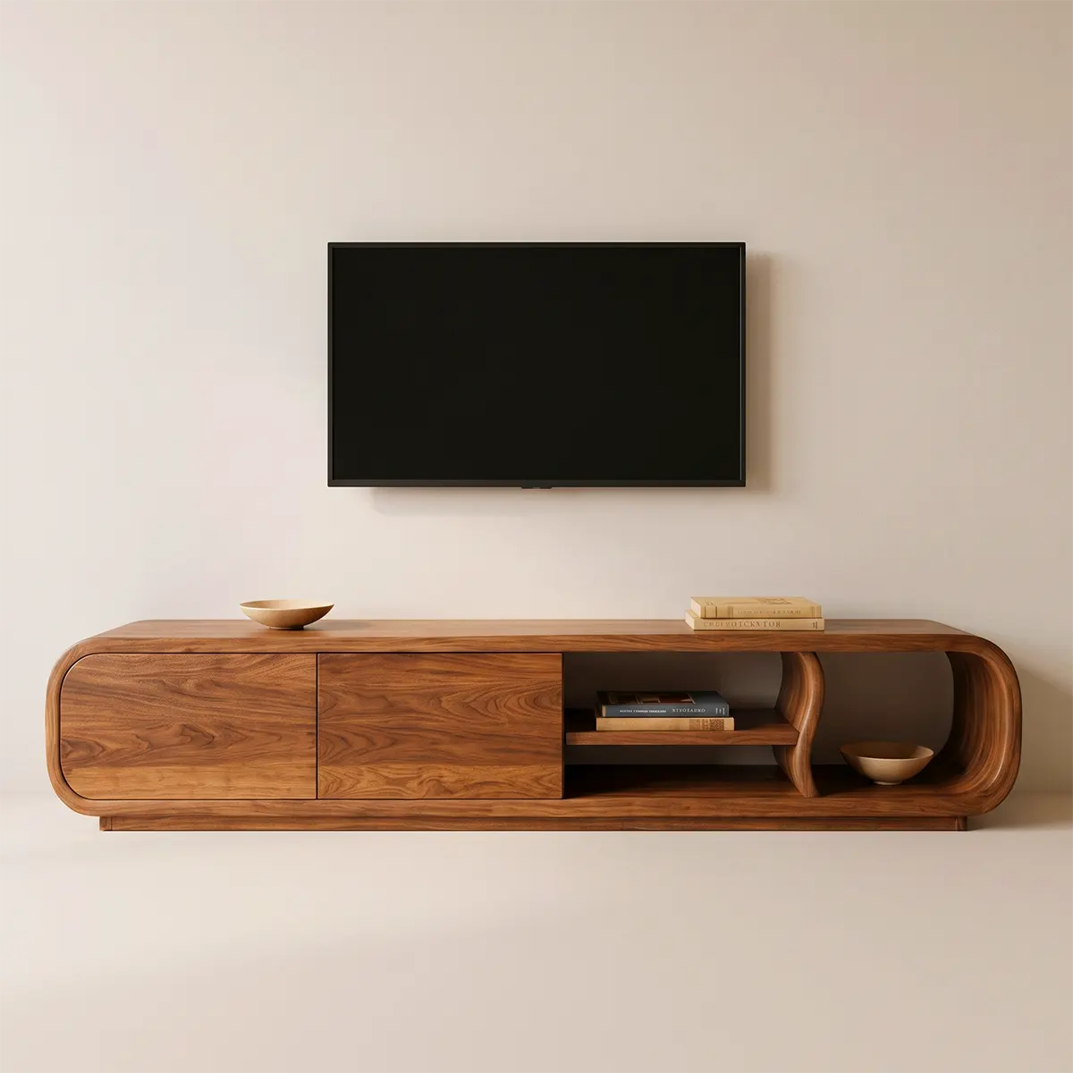 Modern Curved TV Stand with 2 Concealed Storage Compartments & Open Shelving | Sculptural Media Console