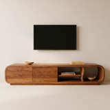Modern Curved TV Stand with 2 Concealed Storage Compartments & Open Shelving | Sculptural Media Console