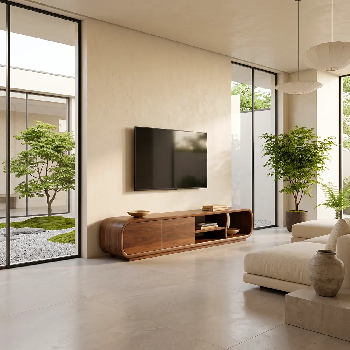 Modern Curved TV Stand with 2 Concealed Storage Compartments & Open Shelving | Sculptural Media Console
