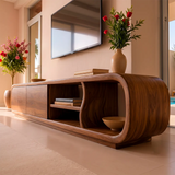 Modern Curved TV Stand with 2 Concealed Storage Compartments & Open Shelving | Sculptural Media Console