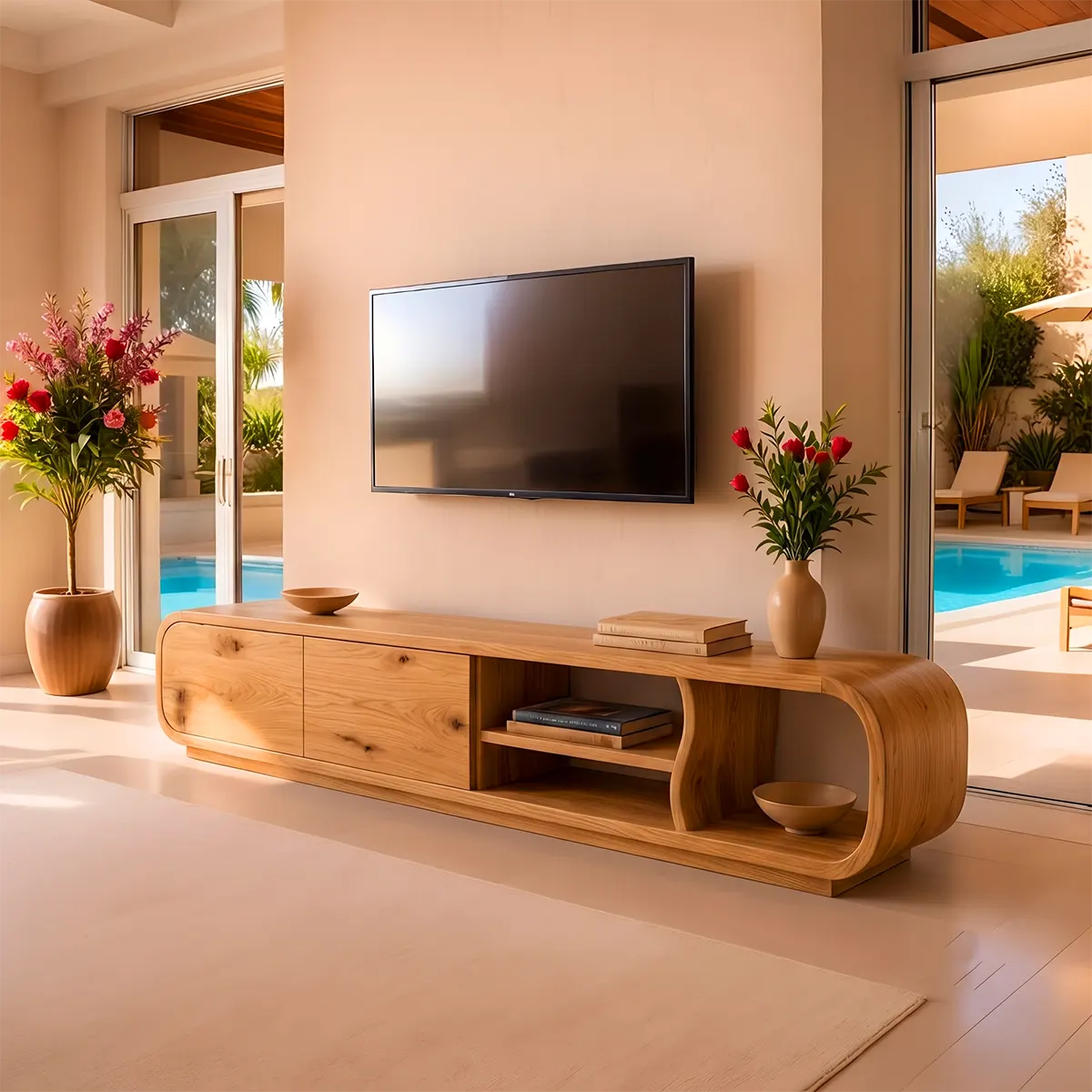 Modern Curved TV Stand with 2 Concealed Storage Compartments & Open Shelving | Sculptural Media Console