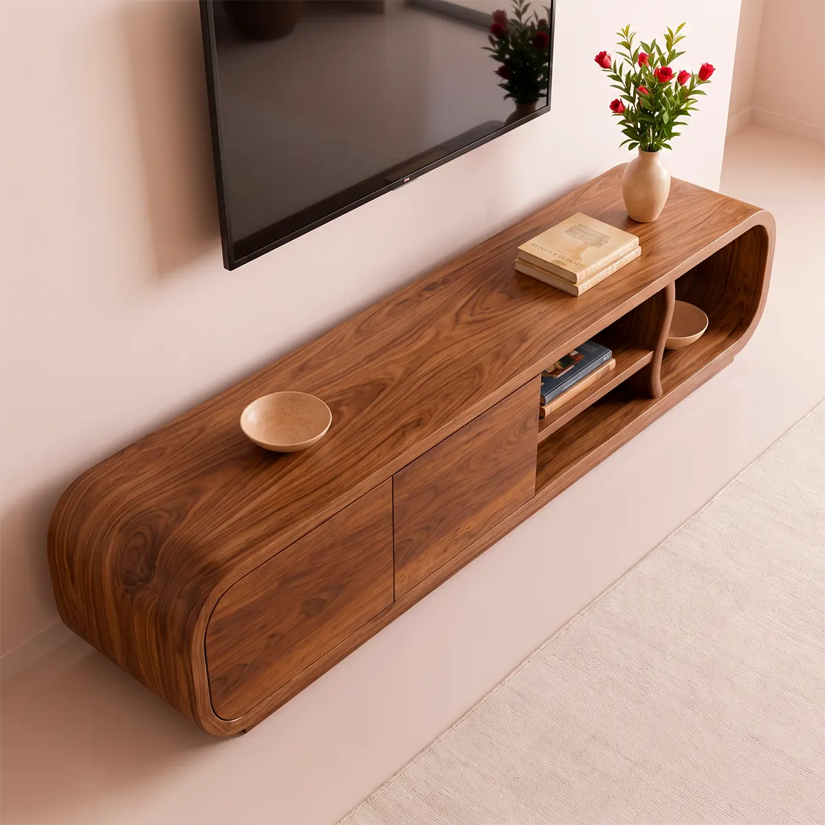 Modern Curved TV Stand with 2 Concealed Storage Compartments & Open Shelving | Sculptural Media Console