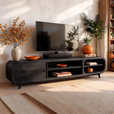 Modern TV Stand with Enclosed Storage & 4 Open Shelves | Curved Media Console