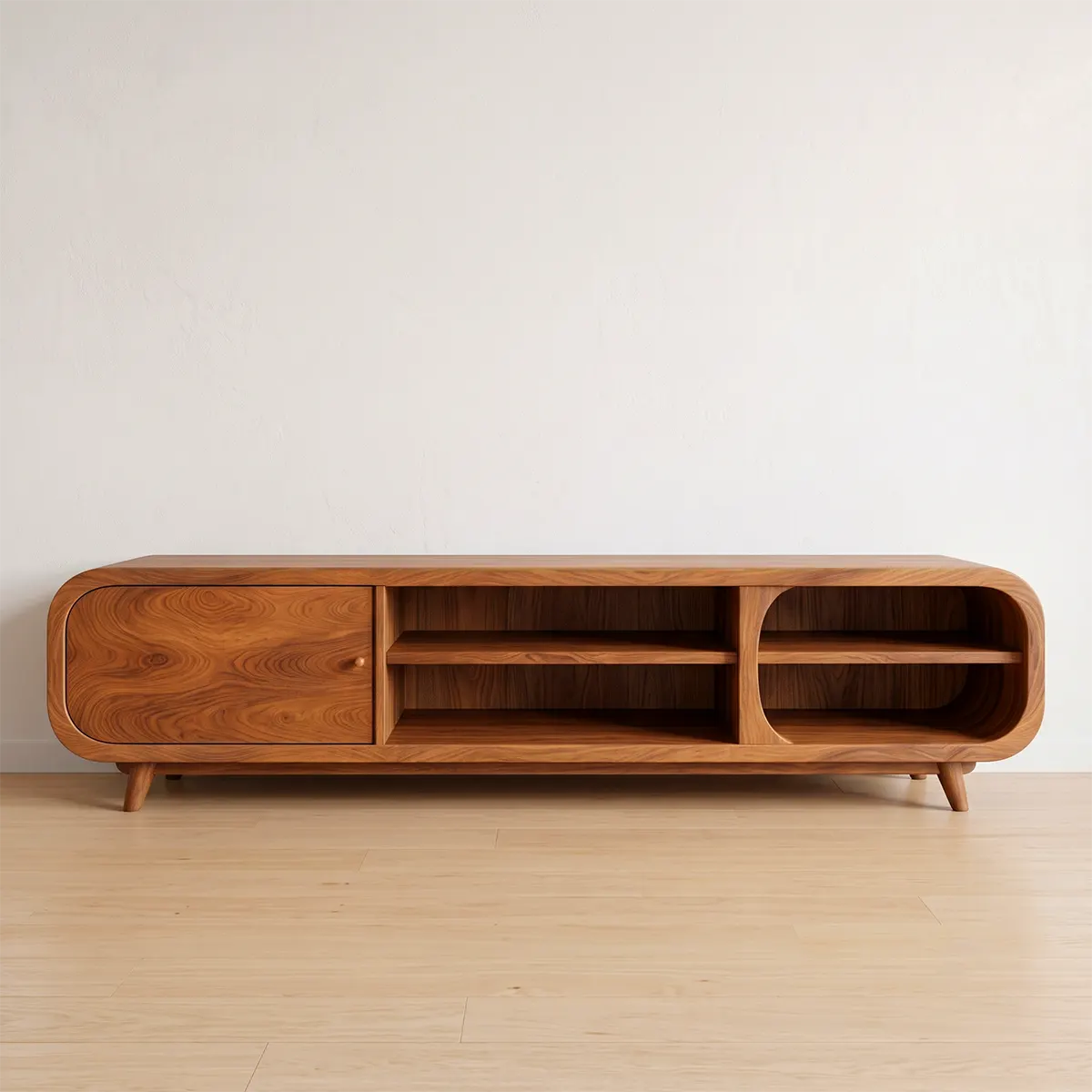 Modern TV Stand with Enclosed Storage & 4 Open Shelves | Curved Media Console