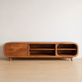 Modern TV Stand with Enclosed Storage & 4 Open Shelves | Curved Media Console