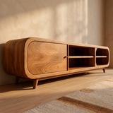 Modern TV Stand with Enclosed Storage & 4 Open Shelves | Curved Media Console