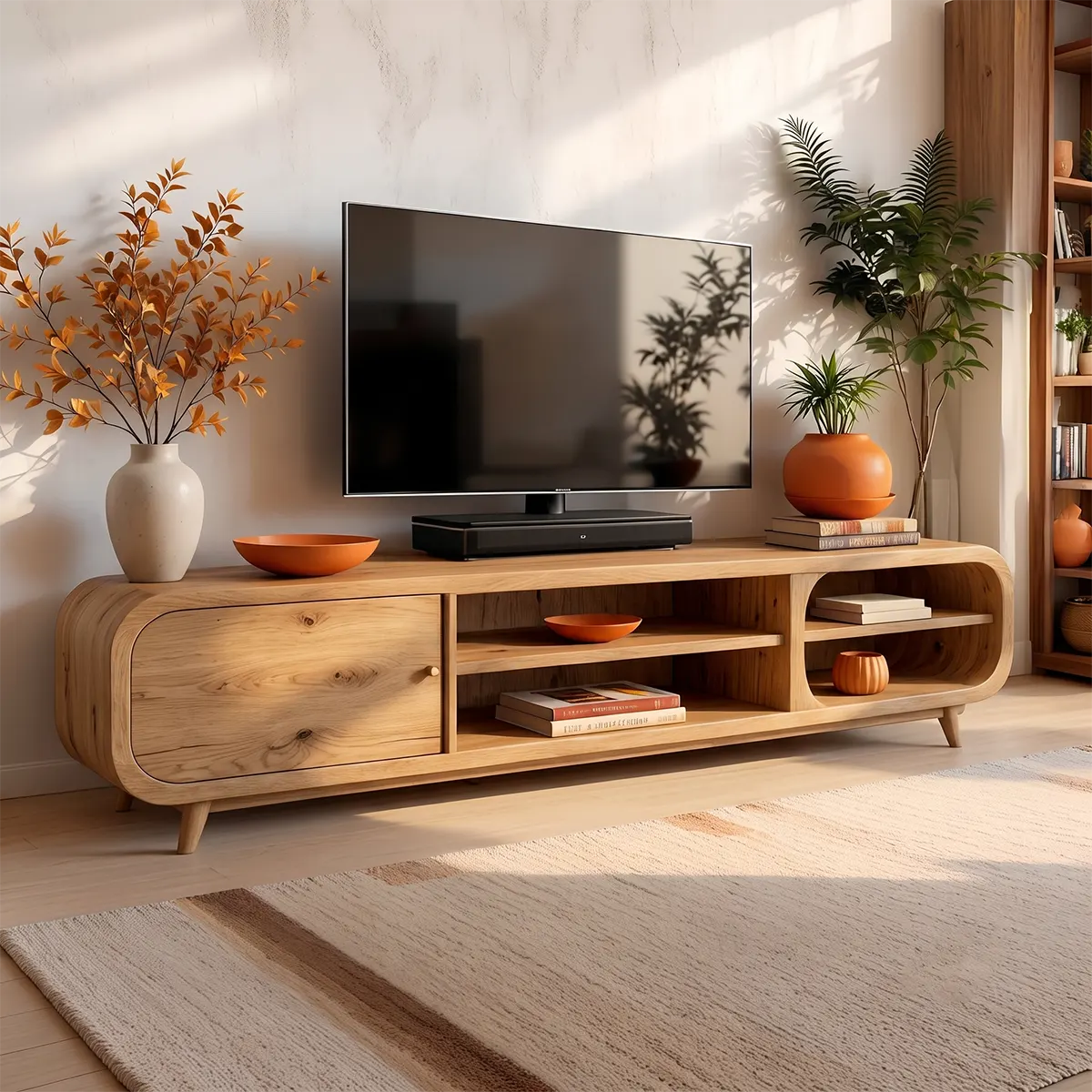 Modern TV Stand with Enclosed Storage & 4 Open Shelves | Curved Media Console
