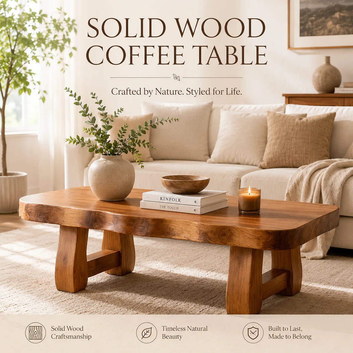 Organic Solid Wood Coffee Table | Rustic Modern Center Table for Living Room TT006-1300
