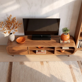 Modern TV Stand with Enclosed Storage & 4 Open Shelves | Curved Media Console