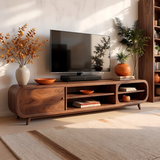 Modern TV Stand with Enclosed Storage & 4 Open Shelves | Curved Media Console