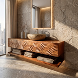 Floating Bathroom Vanity with 3 Drawers & Open Shelf | Carved Wave Front Modern Design