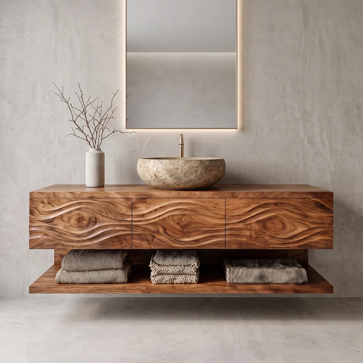 Floating Bathroom Vanity with 3 Drawers & Full-Length Open Shelf | Sculptural Wave Front Design