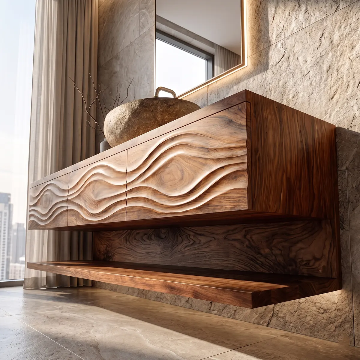 Floating Bathroom Vanity with 3 Drawers & Full-Length Open Shelf | Sculptural Wave Front Design
