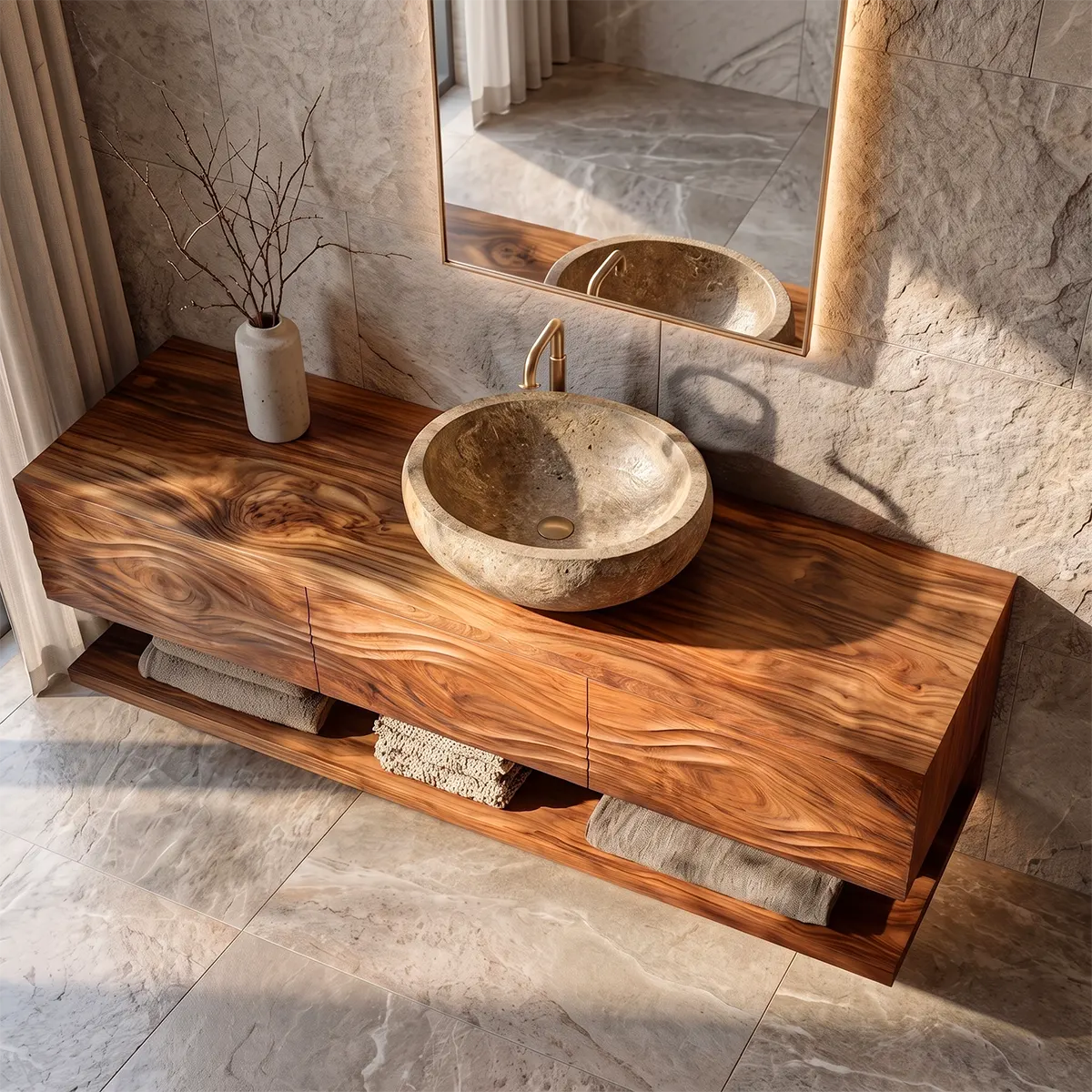 Floating Bathroom Vanity with 3 Drawers & Full-Length Open Shelf | Sculptural Wave Front Design
