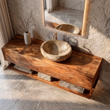 Floating Bathroom Vanity with 3 Drawers & Full-Length Open Shelf | Sculptural Wave Front Design
