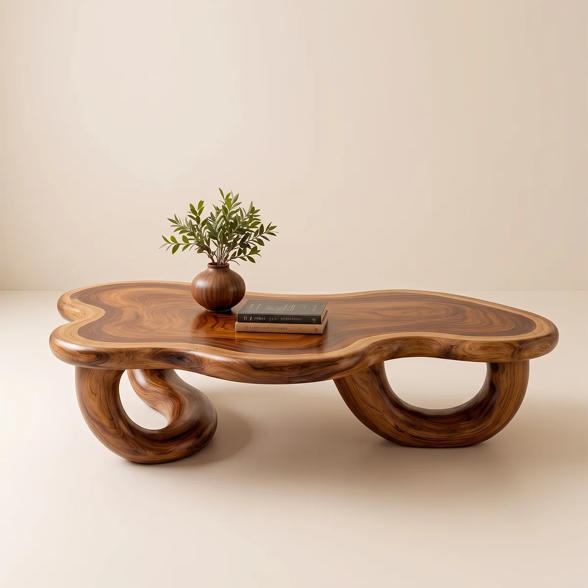 Modern Organic Solid Wood Coffee Table with Sculptural Curved Base TT006-4311