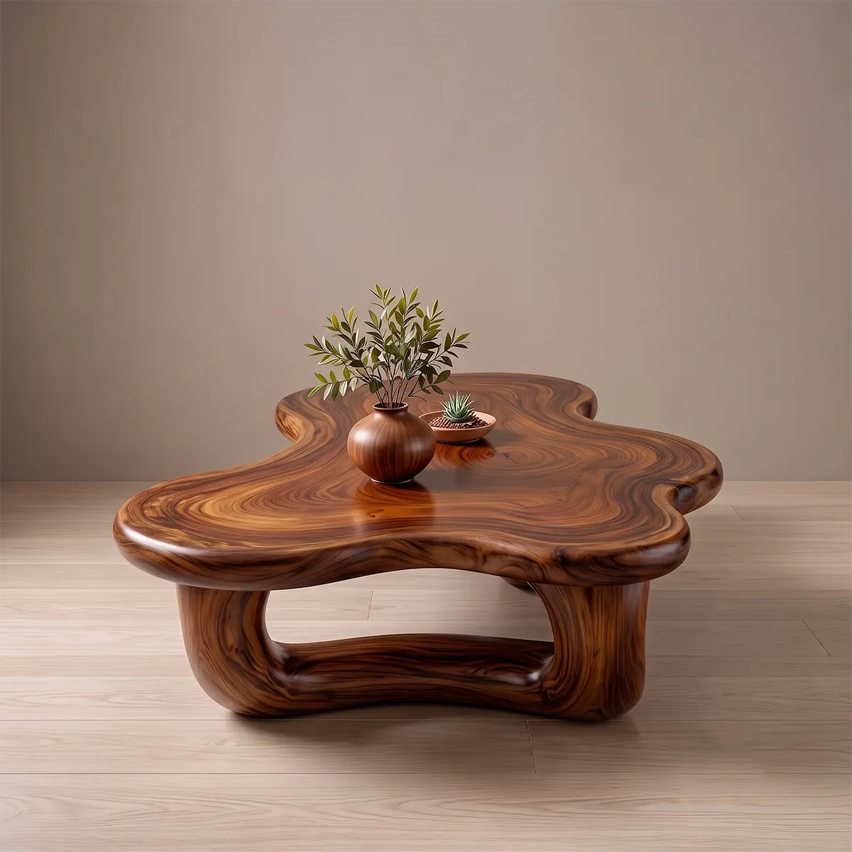 Modern Organic Solid Wood Coffee Table with Sculptural Curved Base TT006-4311
