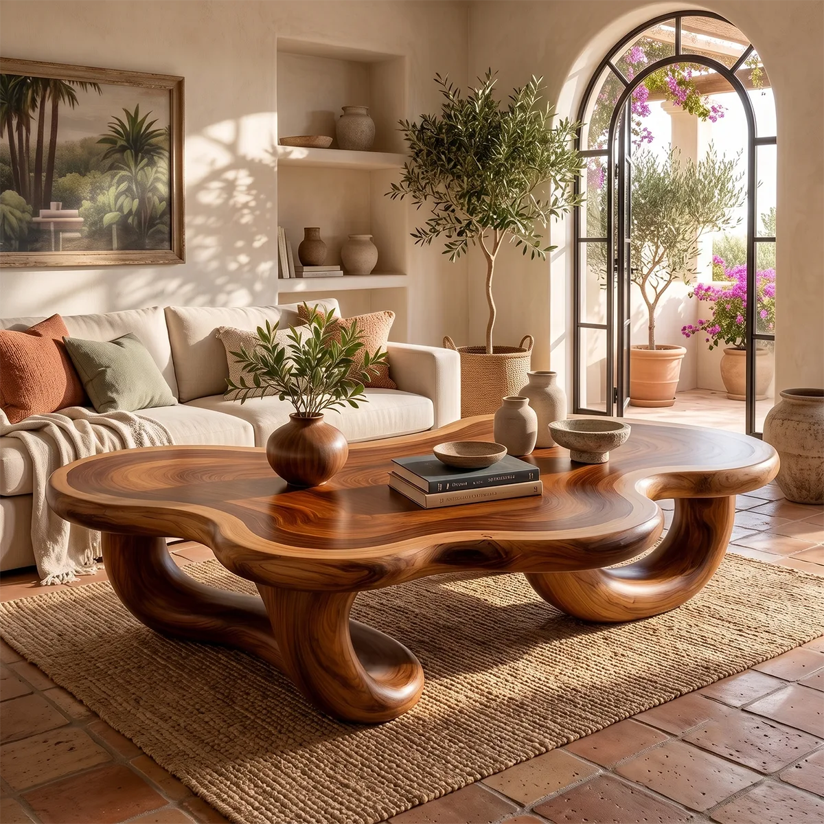 Modern Organic Solid Wood Coffee Table with Sculptural Curved Base TT006-4311