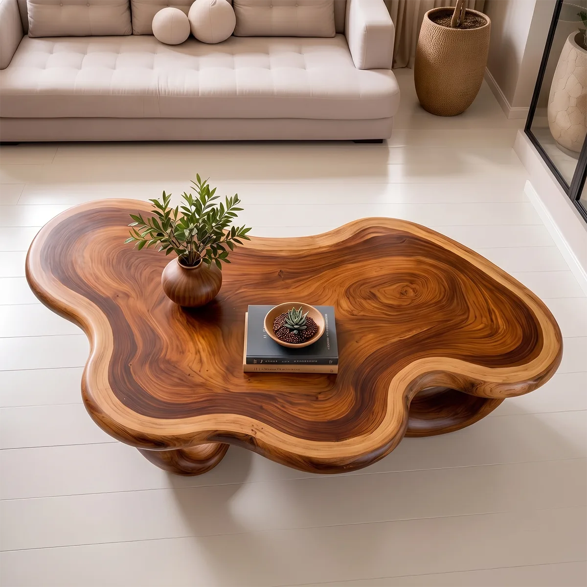 Modern Organic Solid Wood Coffee Table with Sculptural Curved Base TT006-4311
