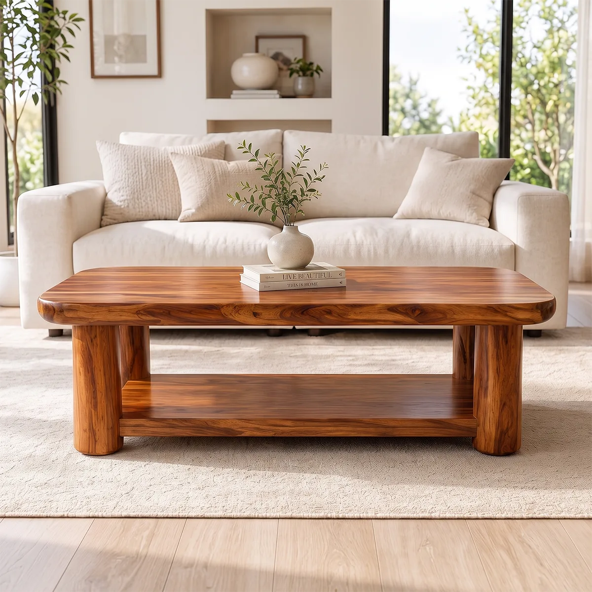 Solid Wood Coffee Table with Storage Shelf | Rustic Modern Living Room Center Table TT006-2808