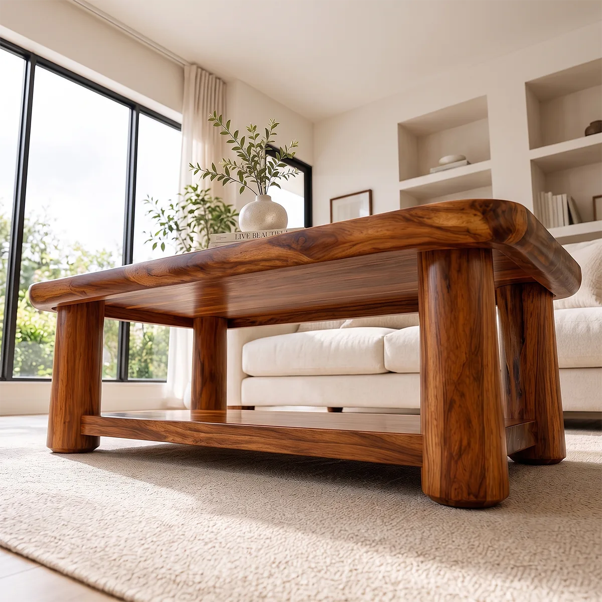 Solid Wood Coffee Table with Storage Shelf | Rustic Modern Living Room Center Table TT006-2808