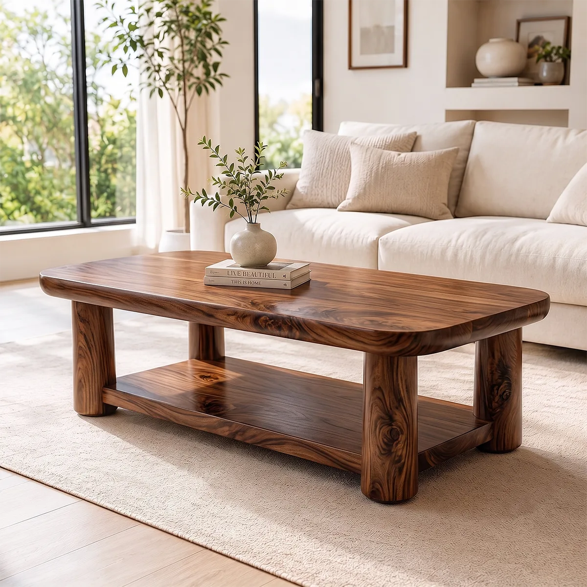 Solid Wood Coffee Table with Storage Shelf | Rustic Modern Living Room Center Table TT006-2808