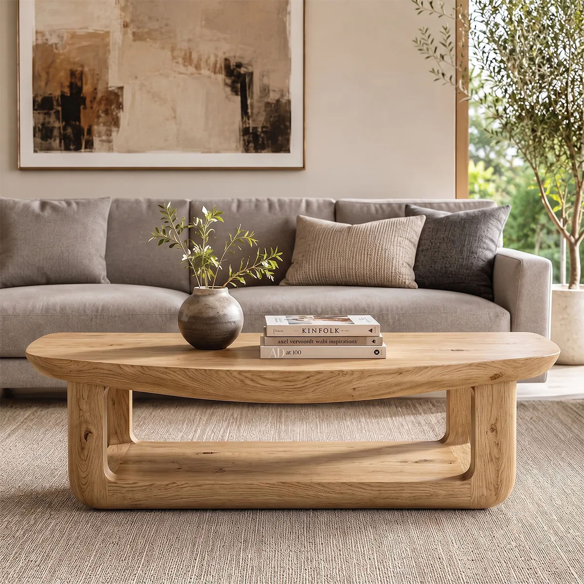 Solid Wood Coffee Table with Open Shelf | Organic Modern Living Room Center Table TT006-8208