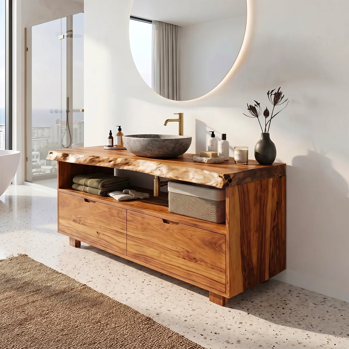 Freestanding Bathroom Vanity with 2 Drawers & Open Shelf | Live Edge Modern Organic Design