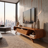 Modern Curved TV Stand with 3 Drawers & 3 Open Storage Areas | Sculptural Media Console
