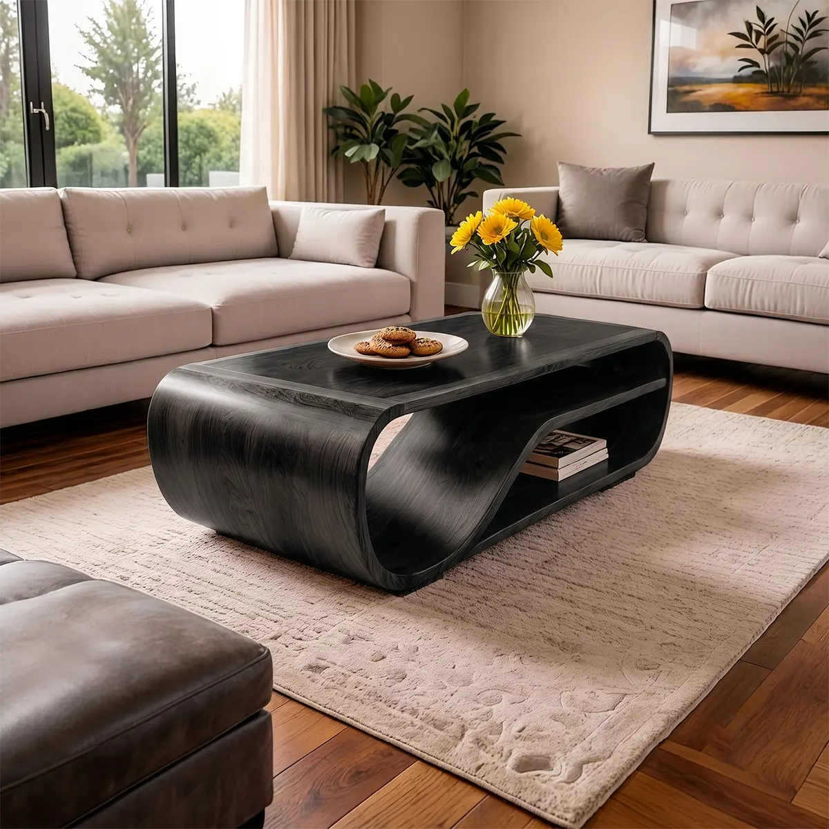 Curved Solid Wood Coffee Table with Storage | Modern Sculptural Living Room Center Table TT006-2757