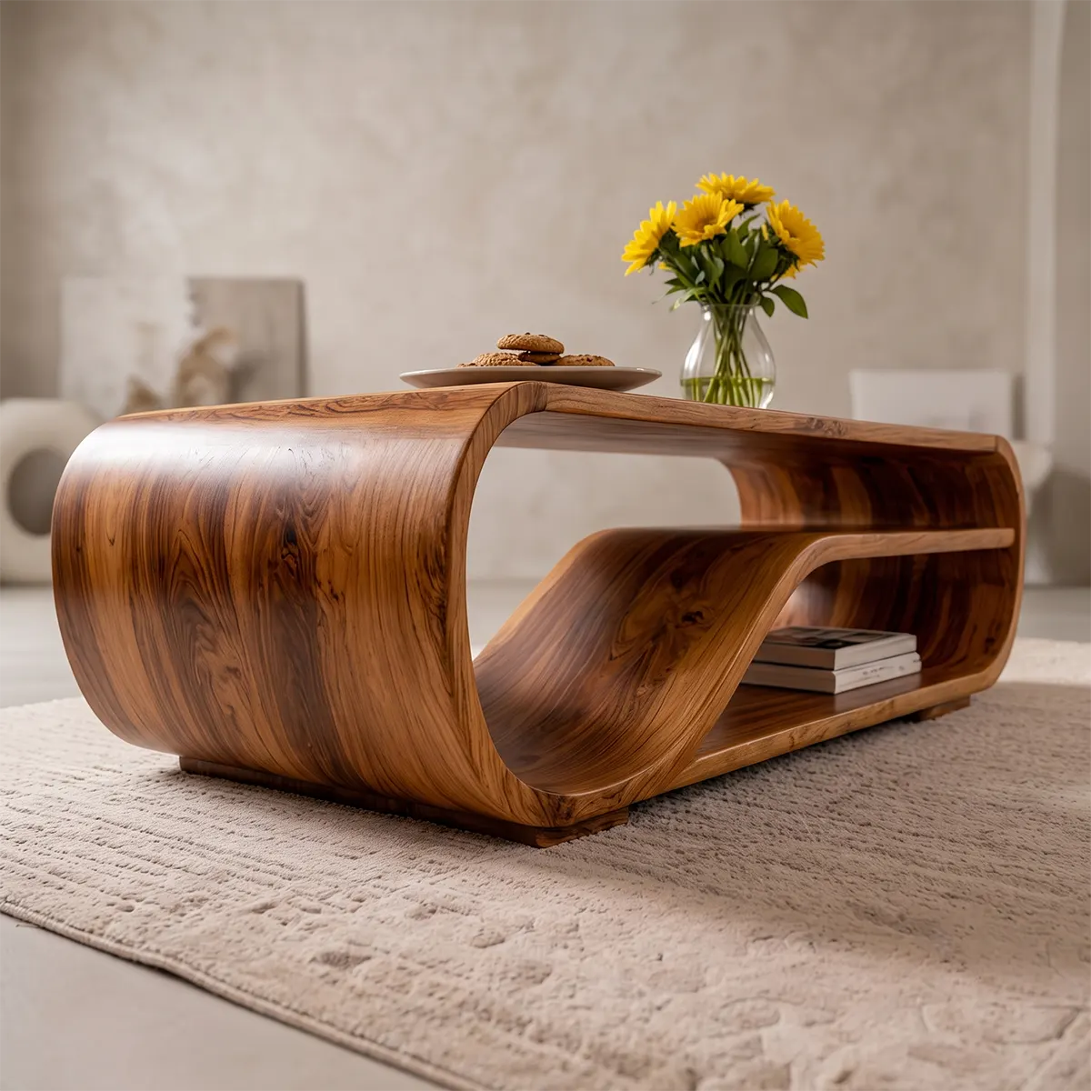 Curved Solid Wood Coffee Table with Storage | Modern Sculptural Living Room Center Table TT006-2757