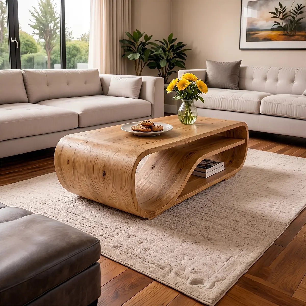 Curved Solid Wood Coffee Table with Storage | Modern Sculptural Living Room Center Table TT006-2757