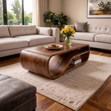 Curved Solid Wood Coffee Table with Storage | Modern Sculptural Living Room Center Table TT006-2757
