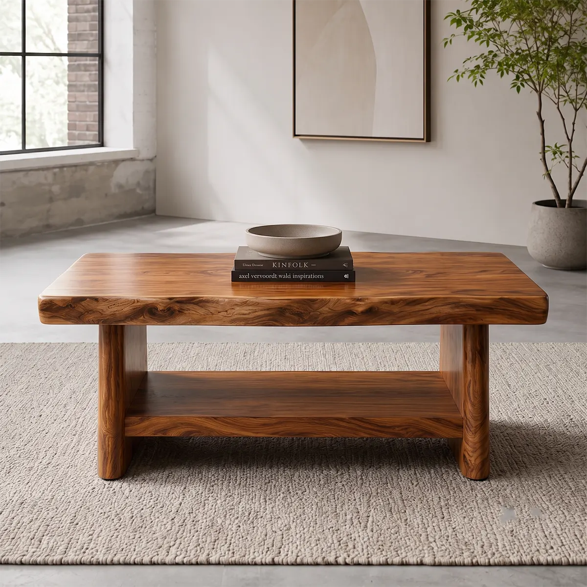 Solid Wood Coffee Table with Storage Shelf | Rustic Modern Living Room Center Table TT006-5599