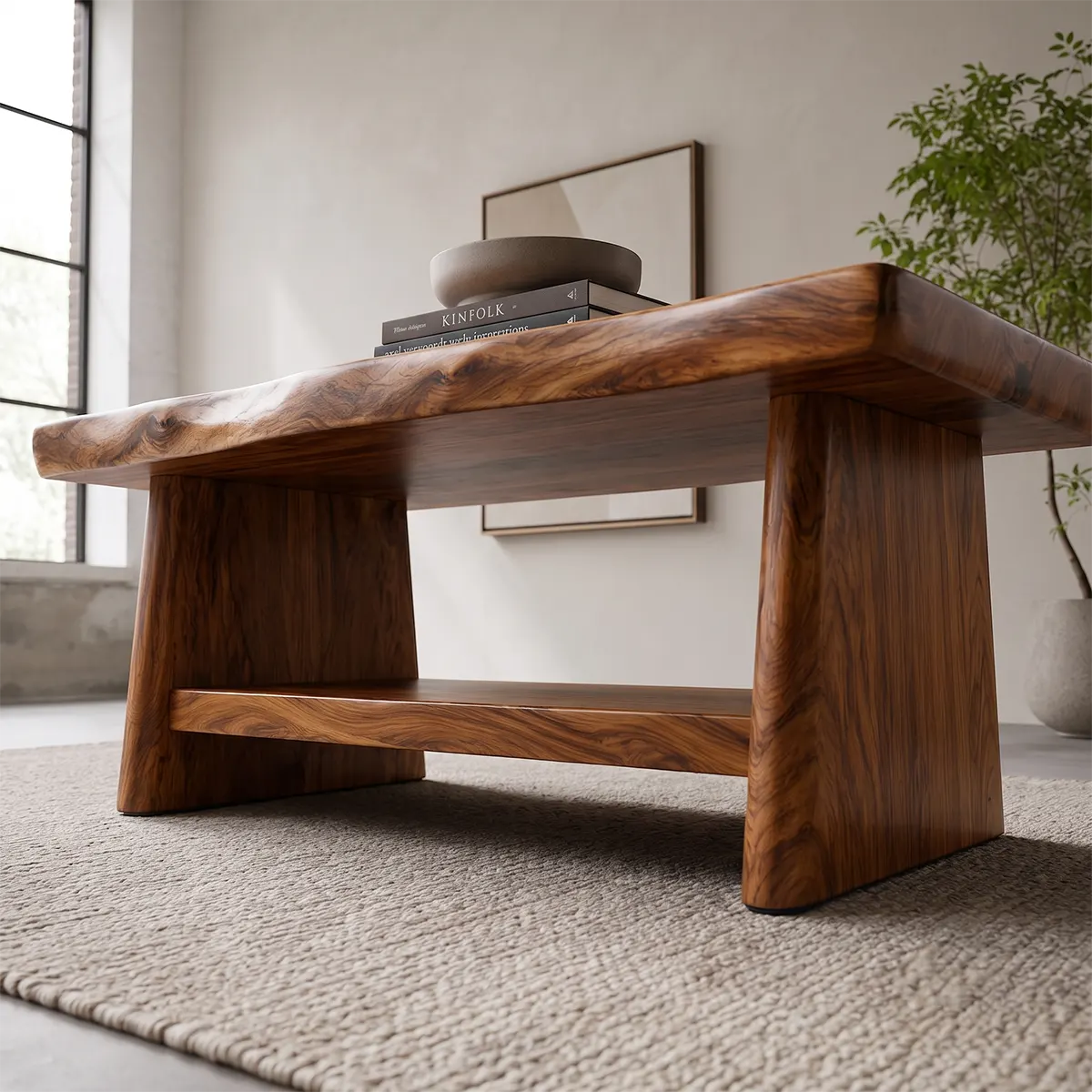 Solid Wood Coffee Table with Storage Shelf | Rustic Modern Living Room Center Table TT006-5599