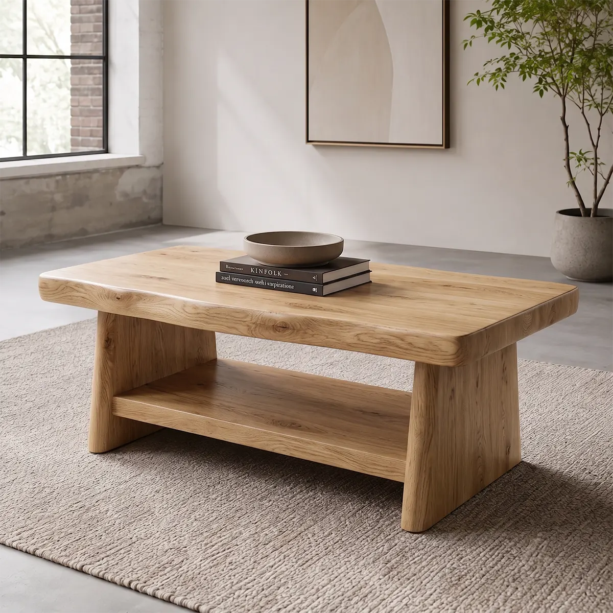 Solid Wood Coffee Table with Storage Shelf | Rustic Modern Living Room Center Table TT006-5599