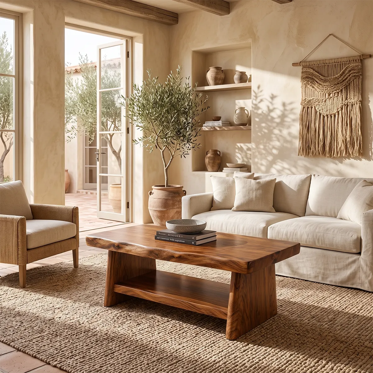 Solid Wood Coffee Table with Storage Shelf | Rustic Modern Living Room Center Table TT006-5599