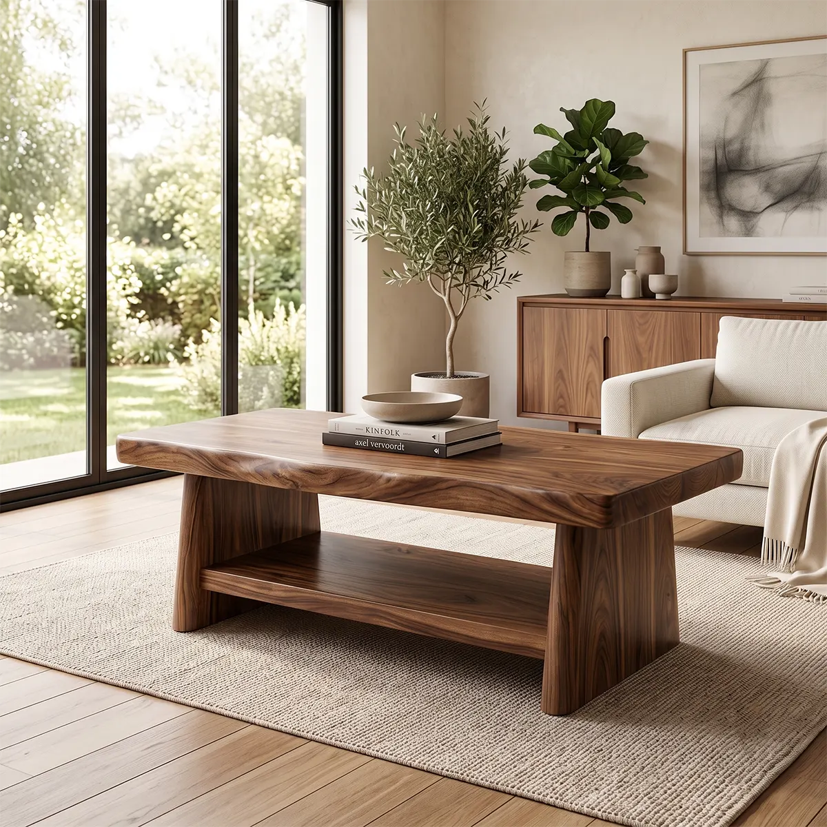 Solid Wood Coffee Table with Storage Shelf | Rustic Modern Living Room Center Table TT006-5599