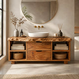 Freestanding Bathroom Vanity with Drawers & Open Shelves | Live Edge Wood Vanity Cabinet