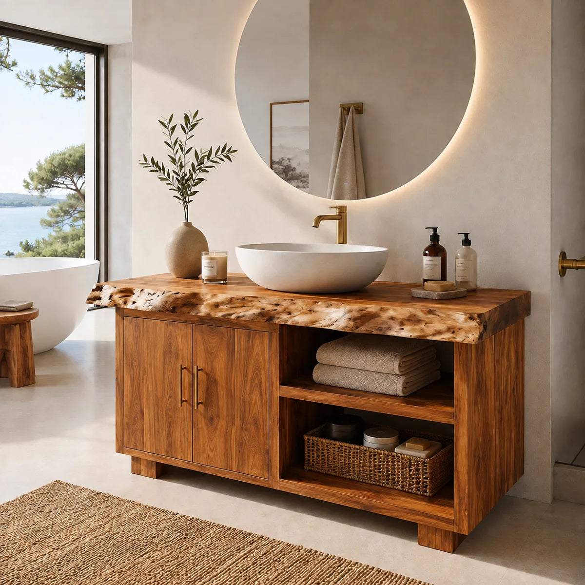 Freestanding Bathroom Vanity with 2 Doors & Open Shelves | Live Edge Vanity Cabinet with Storage