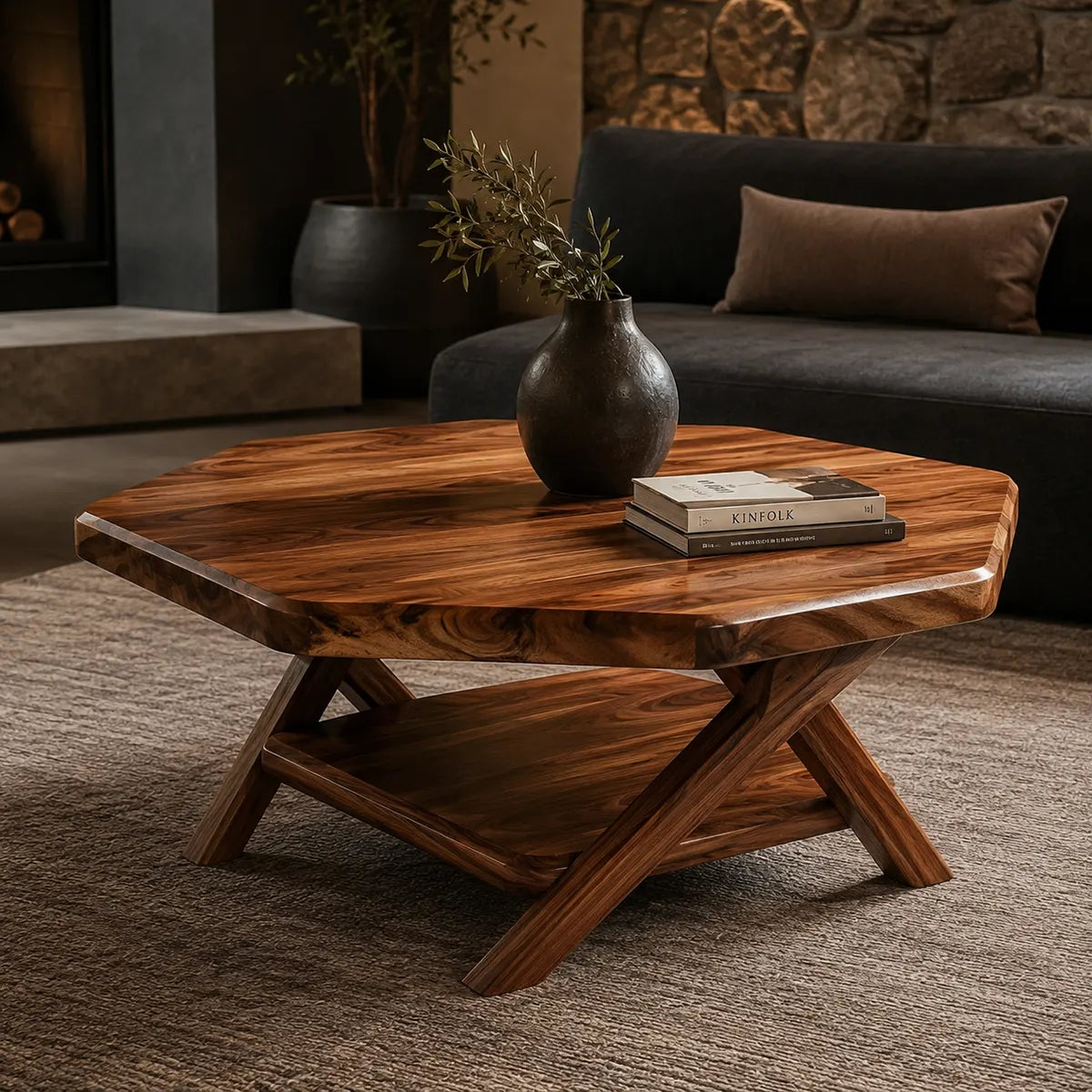 Solid Wood Square Coffee Table with Storage Shelf | Rustic Modern Living Room Table TT006-7233