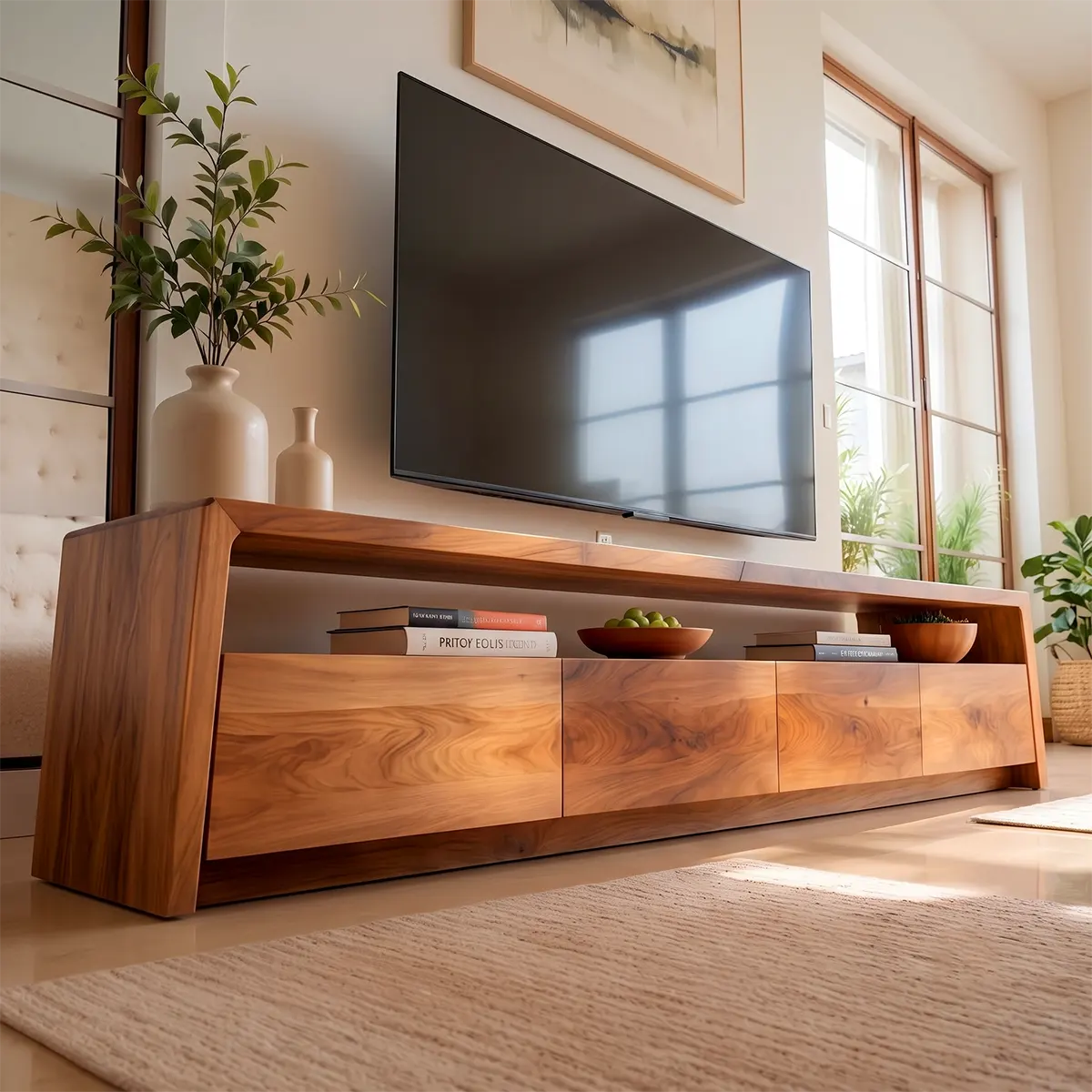 Modern TV Stand with 4 Enclosed Storage Compartments & Open Media Shelf