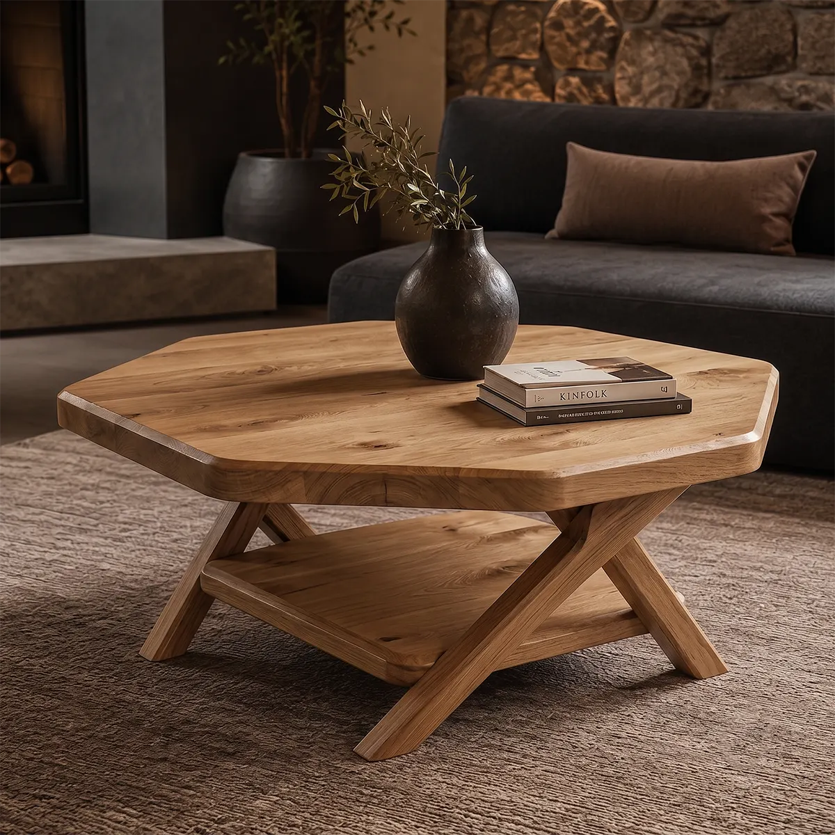 Solid Wood Square Coffee Table with Storage Shelf | Rustic Modern Living Room Table TT006-7233
