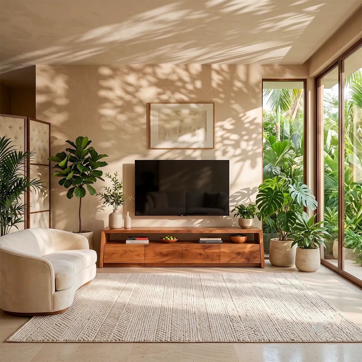 Modern TV Stand with 4 Enclosed Storage Compartments & Open Media Shelf