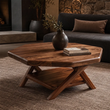 Solid Wood Square Coffee Table with Storage Shelf | Rustic Modern Living Room Table TT006-7233